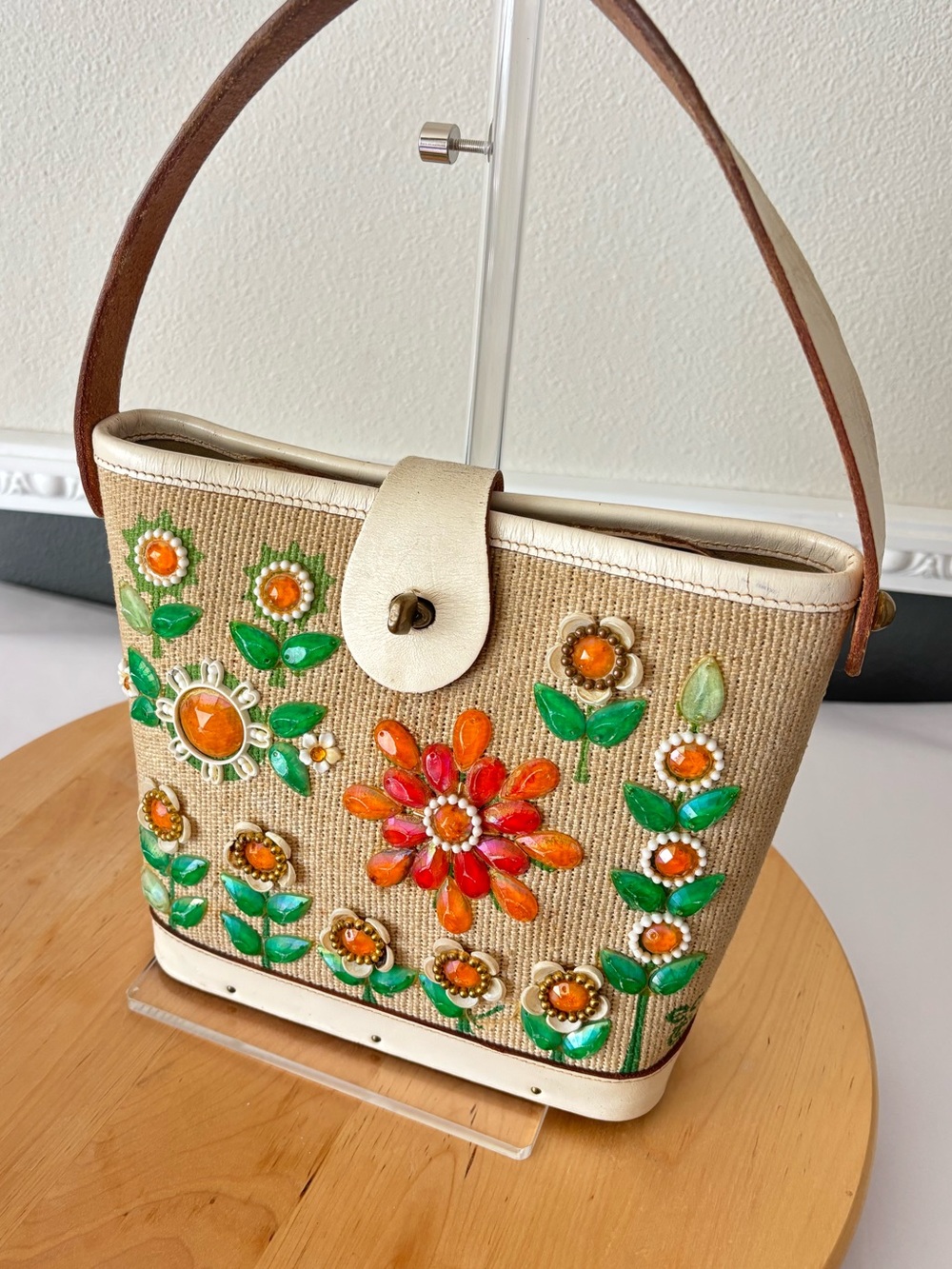 Enid Collins of Texas Vintage Retro Embroidered Tote with Orange Floral Beads